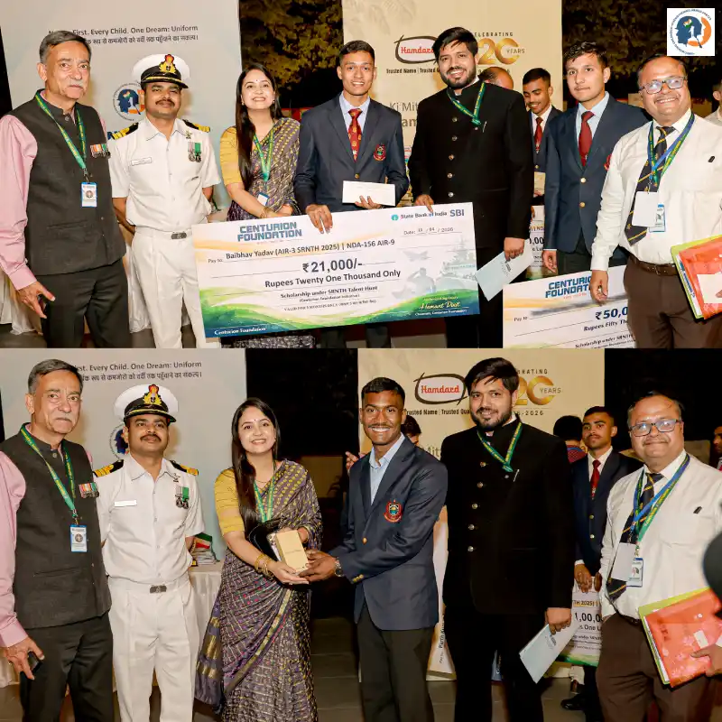 Shishir Dixit Sir, Gurkirat Mam, Major General Shammi Sabharwal (Retd.), and faculty Aditya Dubey honoured SRNTH and NDA toppers at Times Samman 2026. Awarding cash prizes, smartphones, and SSB packages.